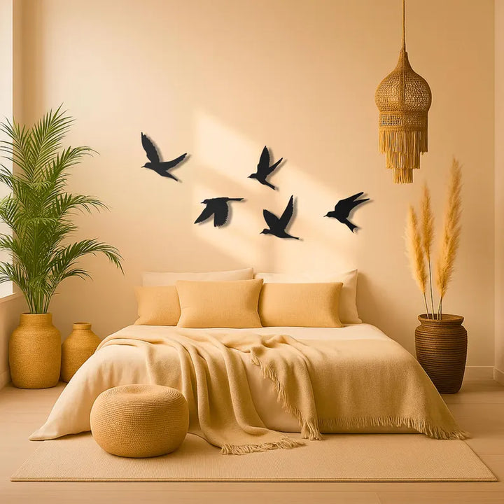 Set of 5 Flying Birds Metal Wall Art | Matte Black Sculptures | Above-Bed Decor