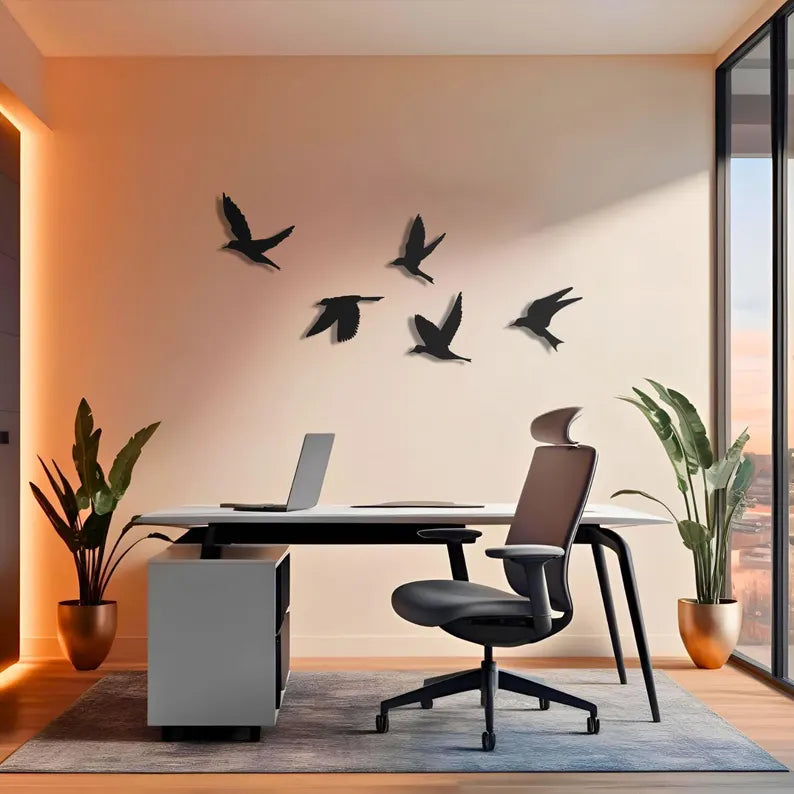 Set of 5 Flying Birds Metal Wall Art | Matte Black Sculptures | Above-Bed Decor