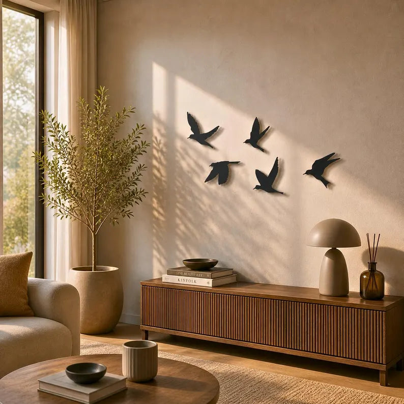 Set of 5 Flying Birds Metal Wall Art | Matte Black Sculptures | Above-Bed Decor