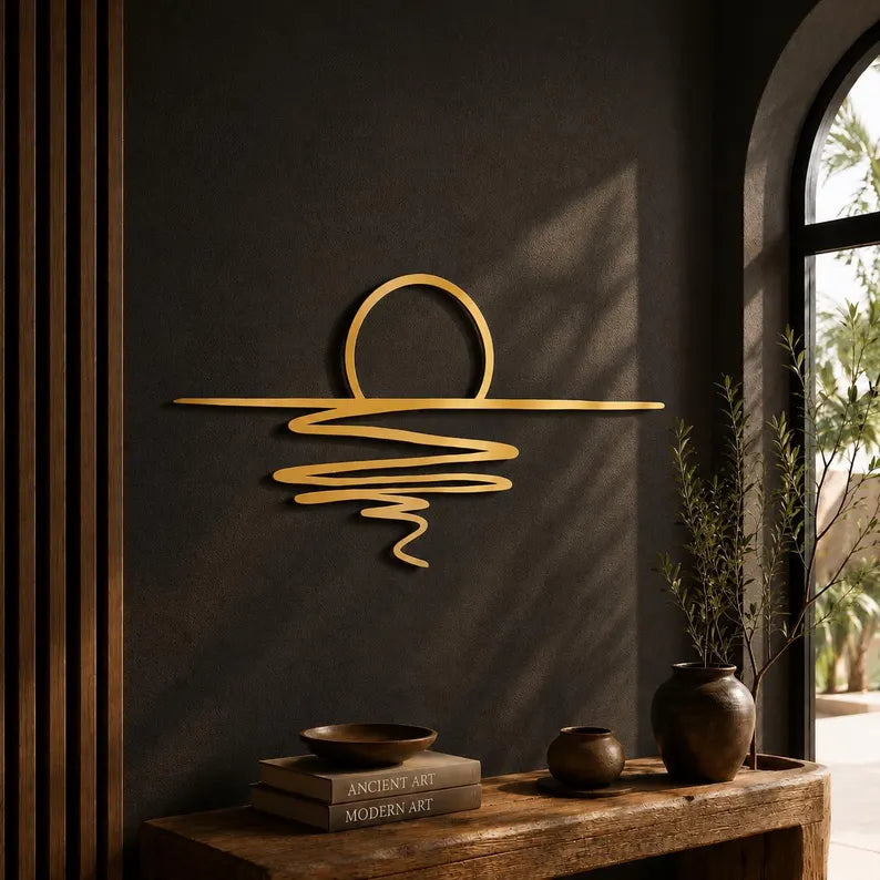 Gold Sun Sparkle Metal Wall Art – Minimalist Line Sculpture